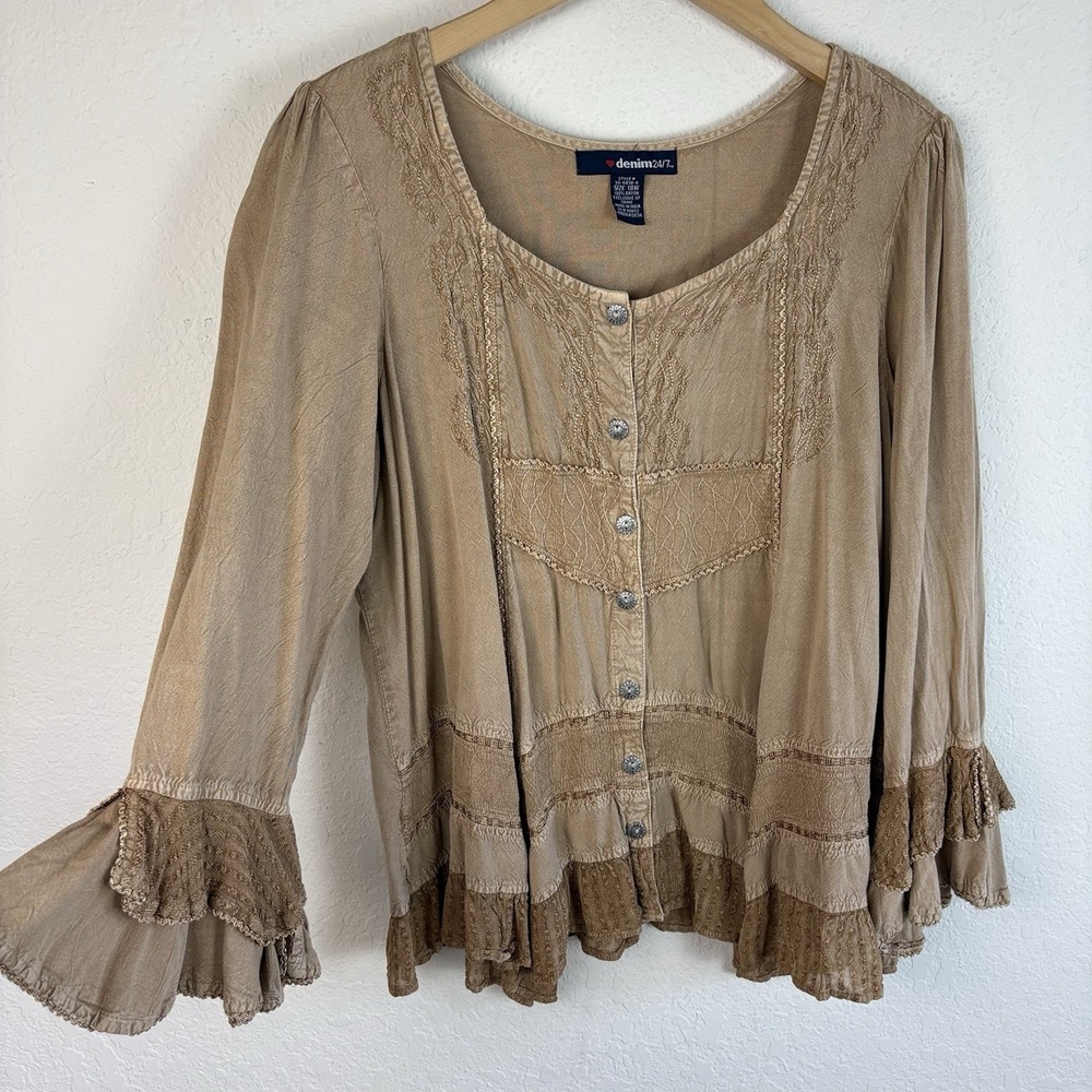 Denim24/7 Sz 18w long sleeve Embroidered Top Fairy Peasant Tan Ren Faire Ruffle